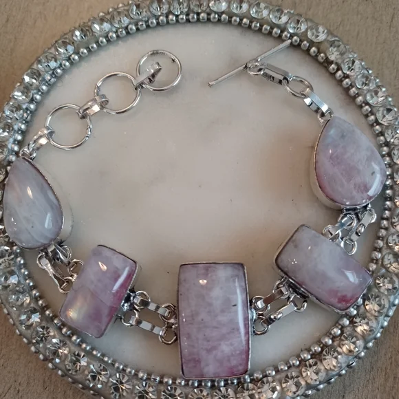 Rainbow Moonstone Silver Link Rectangle Teardrop Adjustable Bracelet - Picture 4 of 12